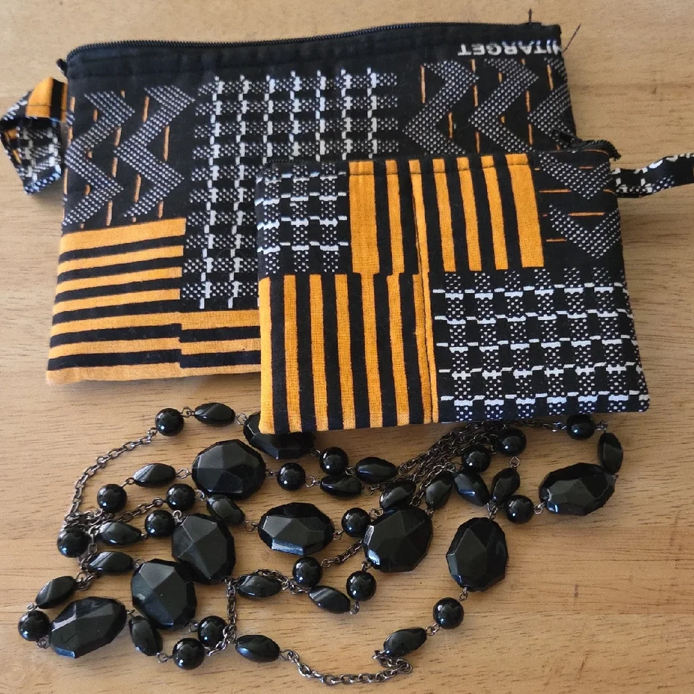 Black and Orange Patterned Bag Set with Beaded Necklace